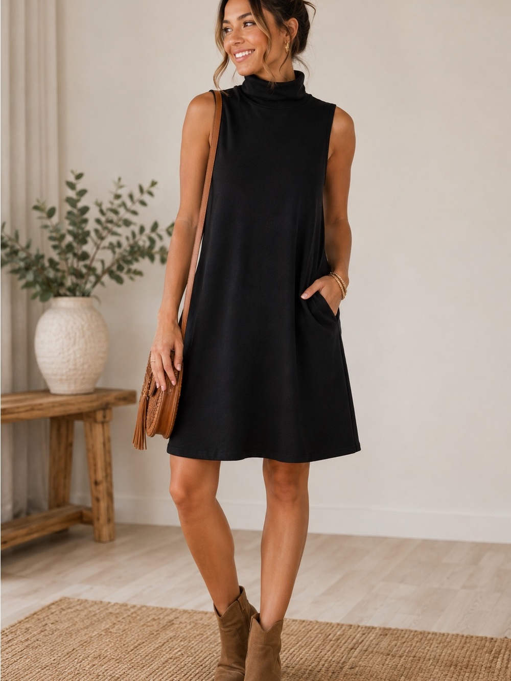 Coco + Carmen all Black knee length sleeveless Dress w turtleneck neckline NWT